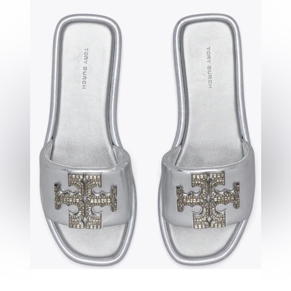 TORY BURCH DOUBLE T SPORT SLIDE CRYSTAL LOGO METALLIC SILVER LEATHER SZ US-5 New